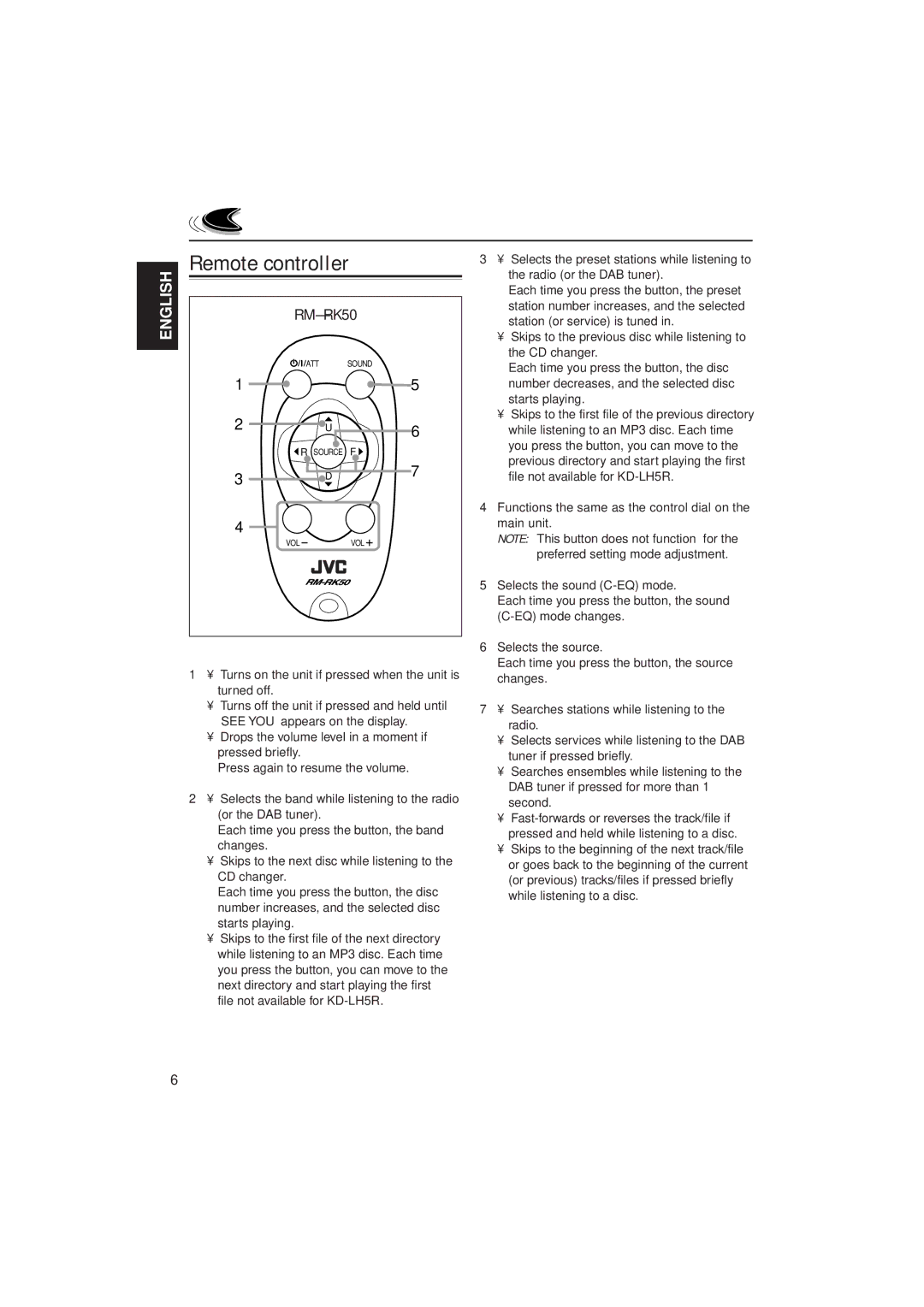 JVC GET0075-001A manual Remote controller, RM-RK50 