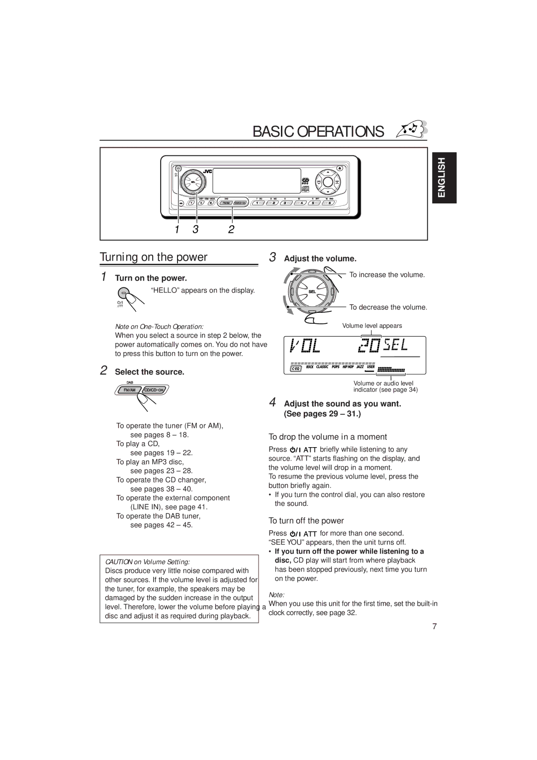 JVC GET0075-001A manual Basic Operations, To drop the volume in a moment, To turn off the power, Select the source 