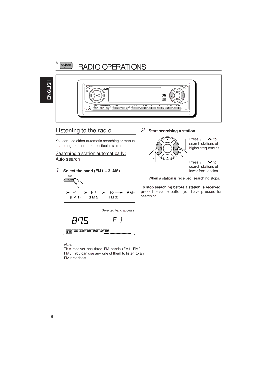 JVC GET0075-001A manual Radio Operations, Listening to the radio, Searching a station automatically Auto search 