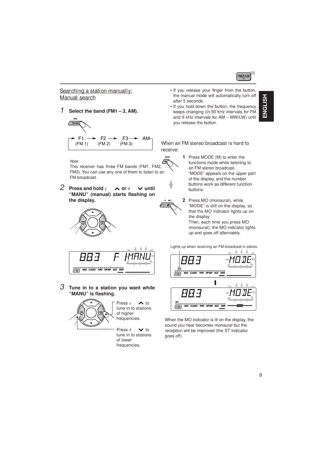 JVC GET0075-001A Searching a station manually Manual search, When an FM stereo broadcast is hard to receive 