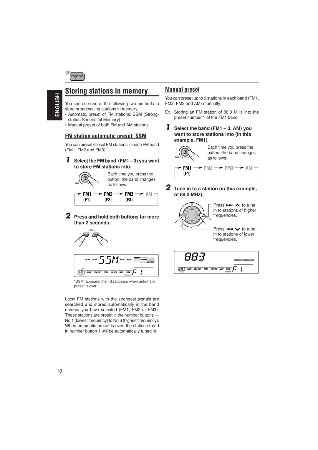 JVC GET0087-001A, KD-SX927R manual Storing stations in memory, FM station automatic preset SSM, Manual preset 