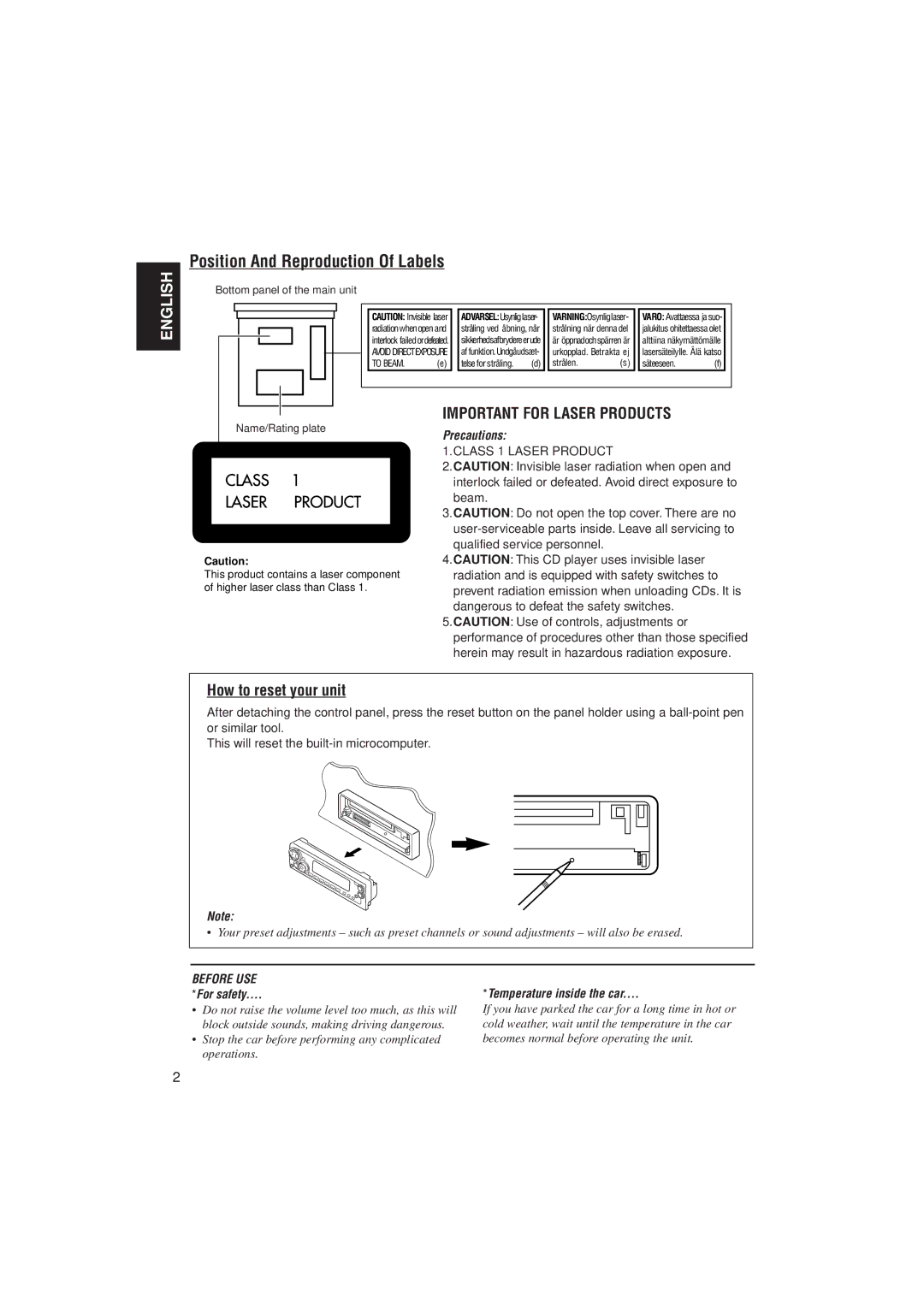 JVC GET0087-001A, KD-SX927R manual Position And Reproduction Of Labels, How to reset your unit 