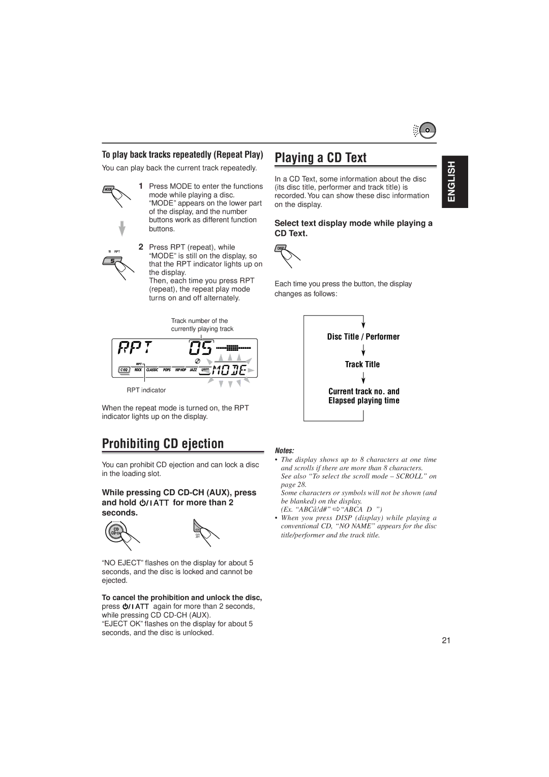 JVC KD-SX927R, GET0087-001A Playing a CD Text, Prohibiting CD ejection, Select text display mode while playing a CD Text 