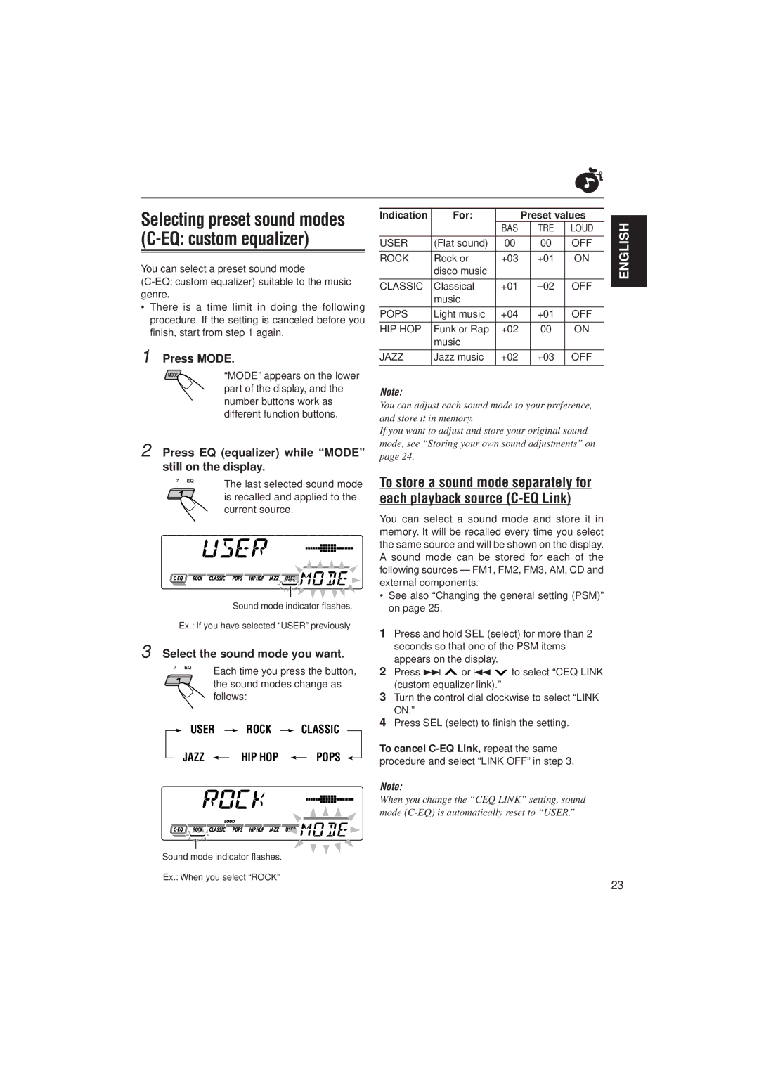 JVC KD-SX927R, GET0087-001A Selecting preset sound modes C-EQ custom equalizer, Press Mode, Select the sound mode you want 