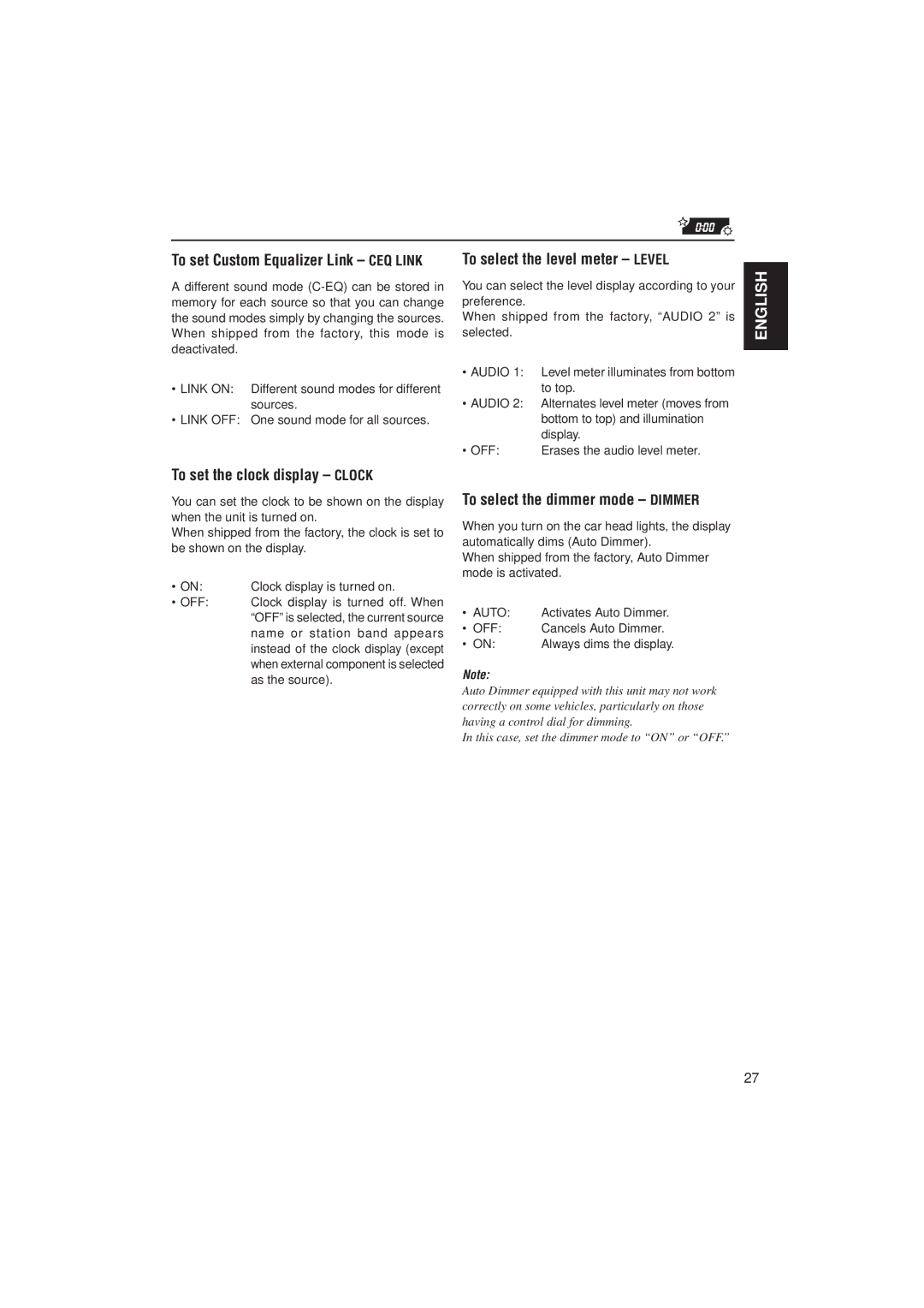 JVC KD-SX927R To set the clock display Clock, To select the dimmer mode Dimmer, To set Custom Equalizer Link CEQ Link 