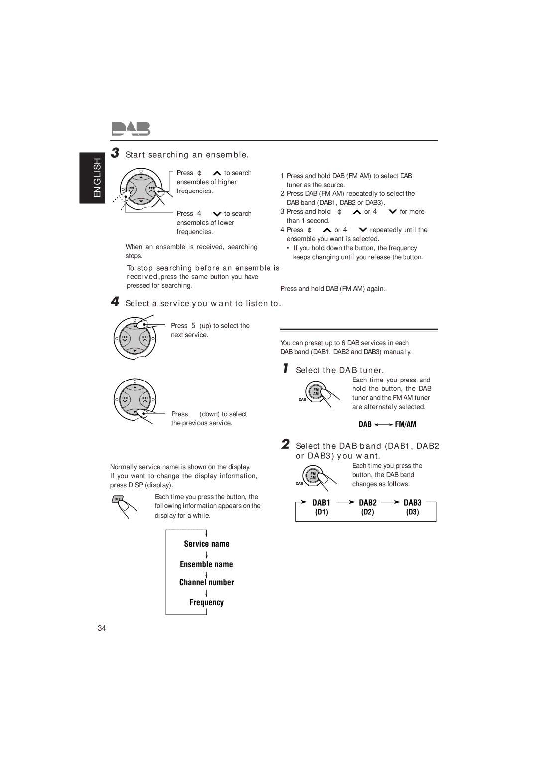 JVC GET0087-001A, KD-SX927R manual Storing DAB services in memory, To tune in to a particular ensemble without searching 