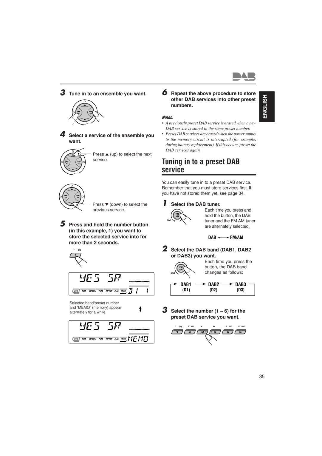 JVC KD-SX927R, GET0087-001A Tuning in to a preset DAB service, Select the number 1 6 for the preset DAB service you want 