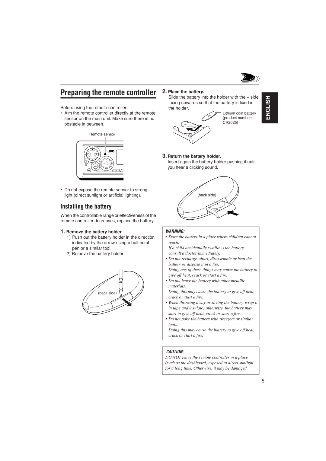 JVC KD-SX927R manual Installing the battery, Place the battery, Return the battery holder, Remove the battery holder 