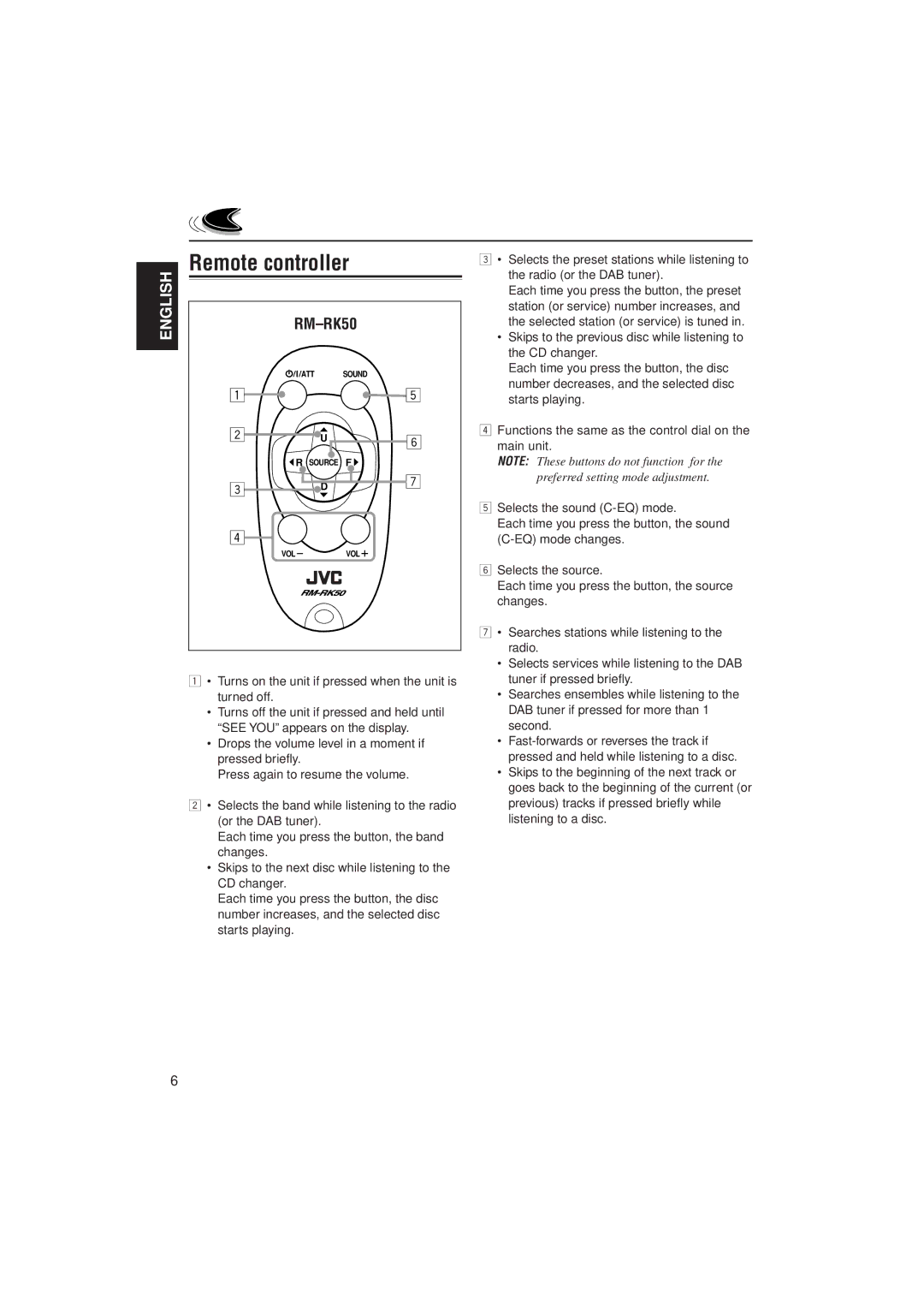 JVC GET0087-001A, KD-SX927R manual Remote controller, RM-RK50 