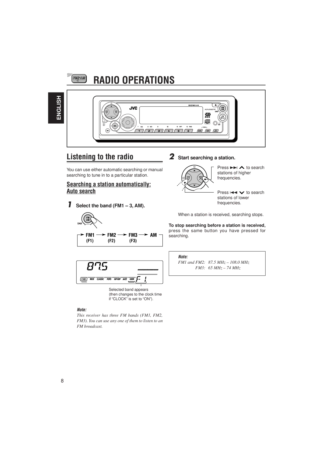 JVC GET0087-001A, KD-SX927R manual Radio Operations, Listening to the radio, Searching a station automatically Auto search 