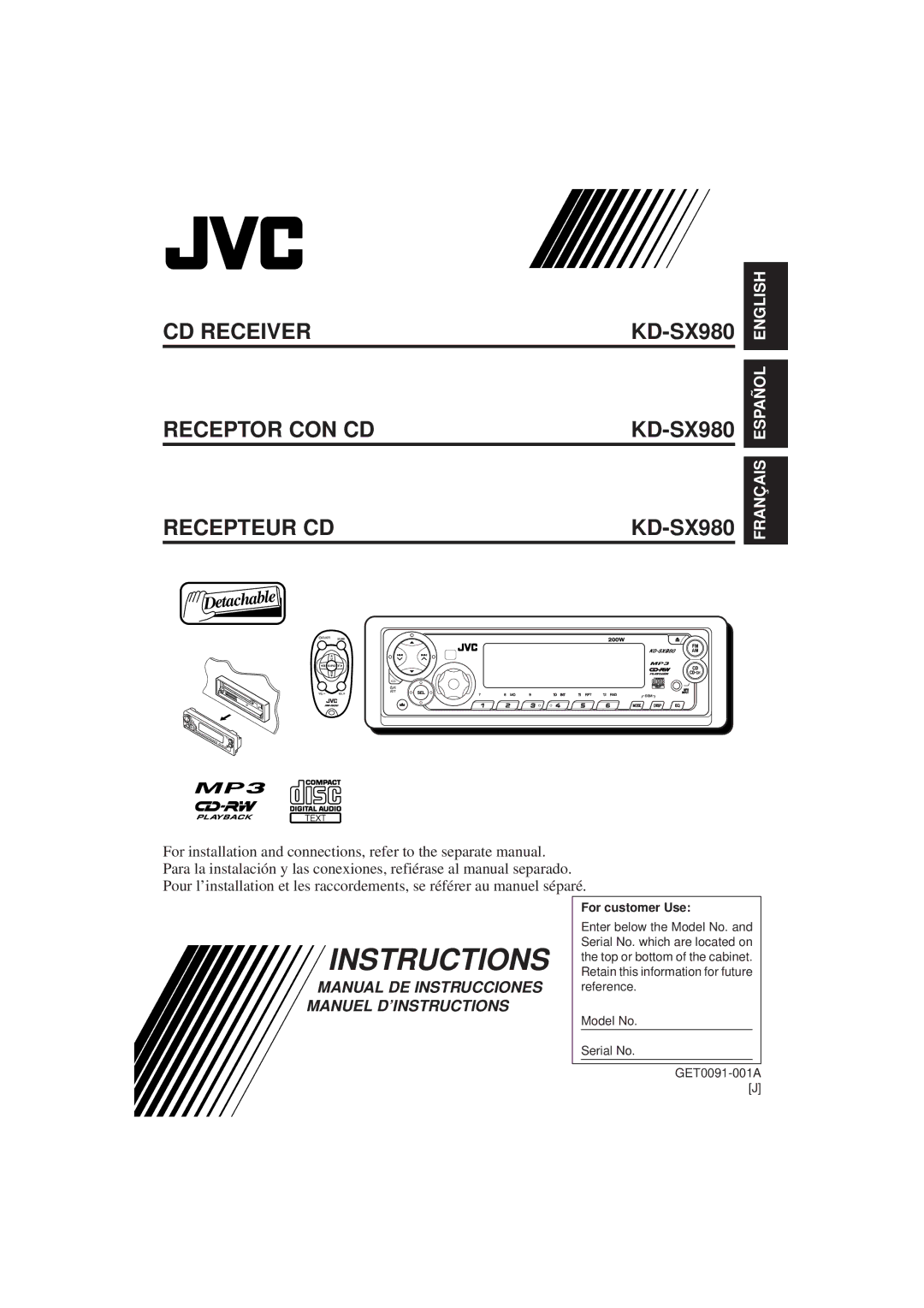 JVC KD-SX980, GET0091-001A manual For customer Use 