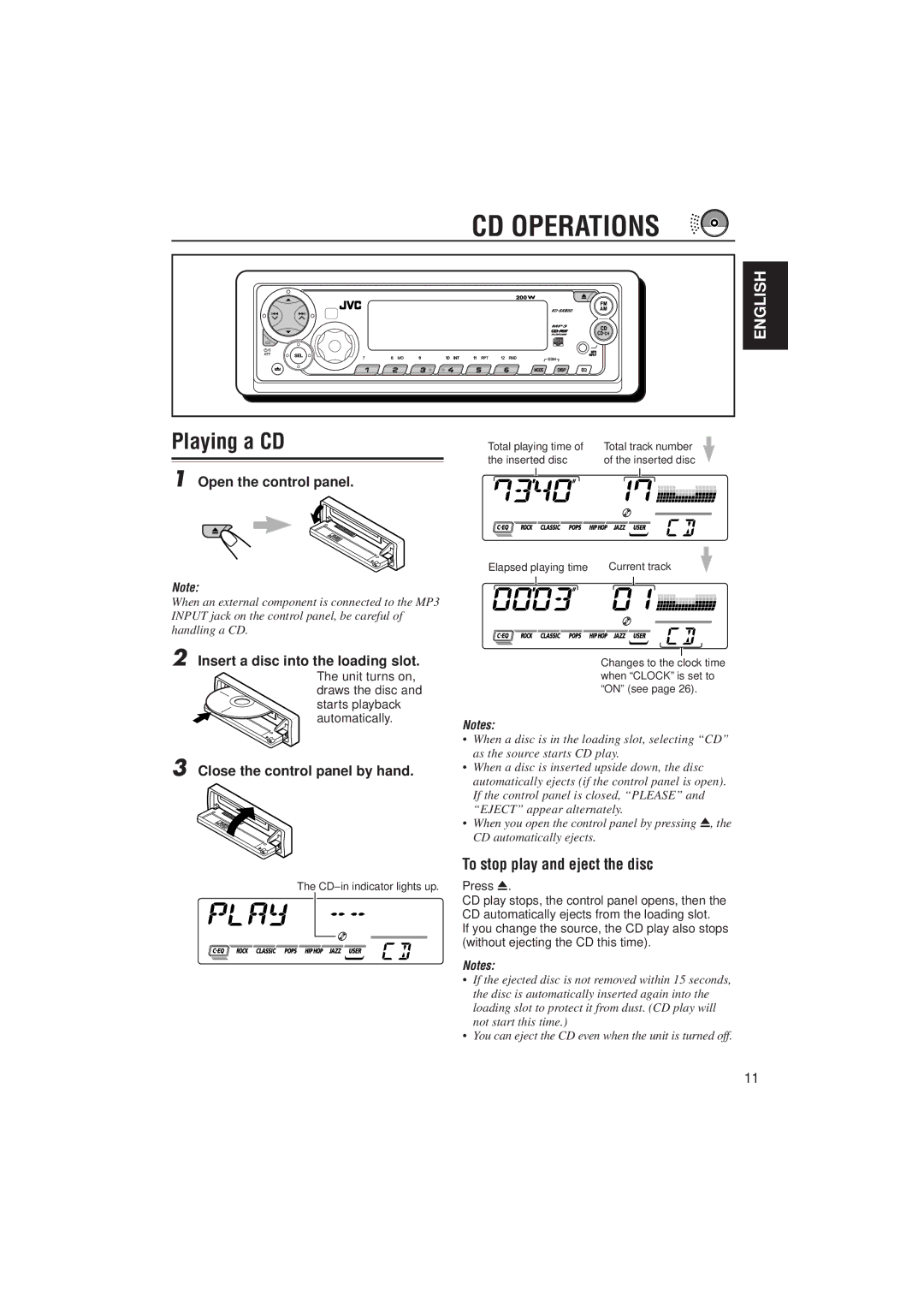 JVC KD-SX980, GET0091-001A manual CD Operations, Playing a CD, To stop play and eject the disc 