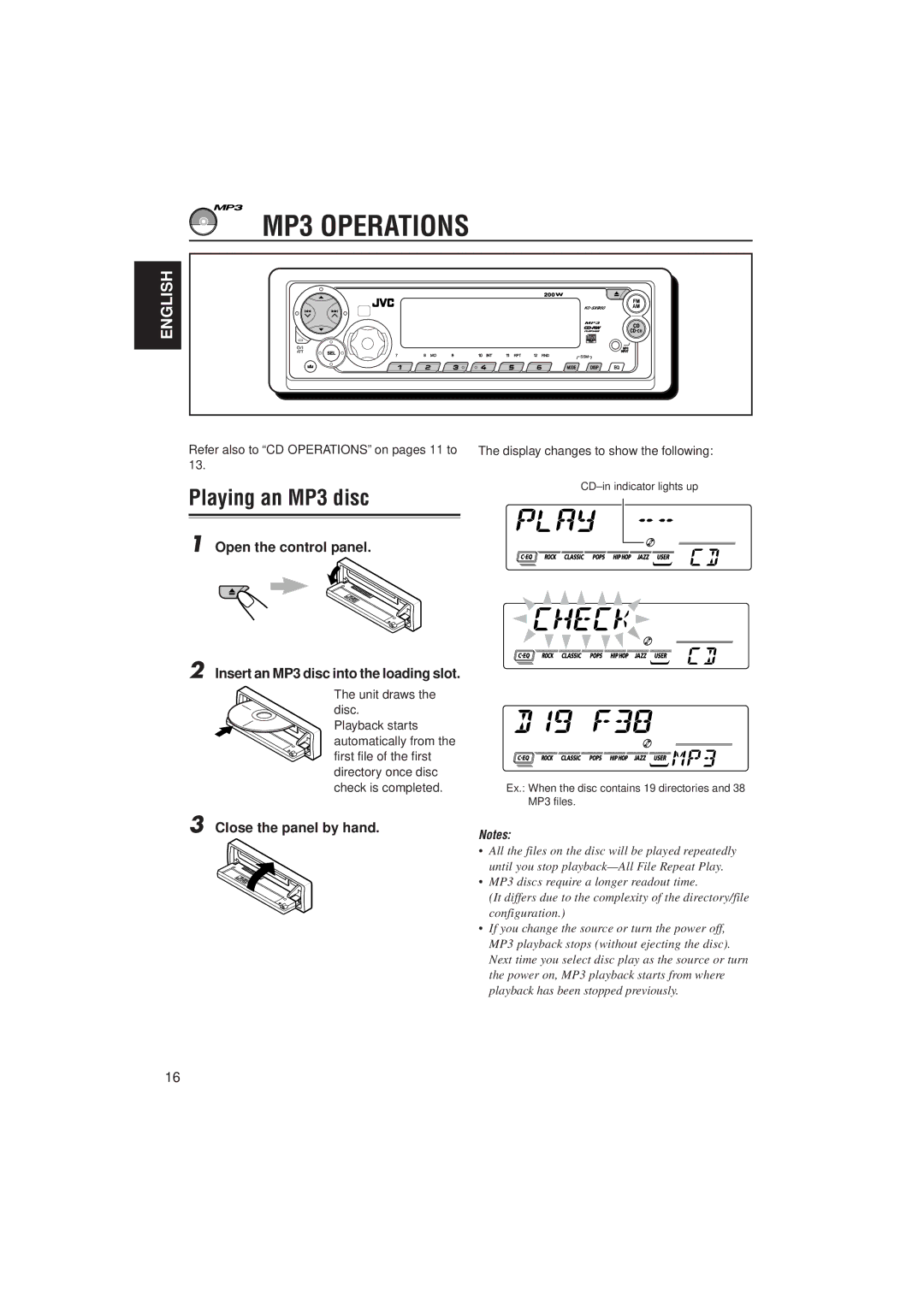 JVC GET0091-001A MP3 Operations, Playing an MP3 disc, Close the panel by hand, Refer also to CD Operations on pages 11 to 