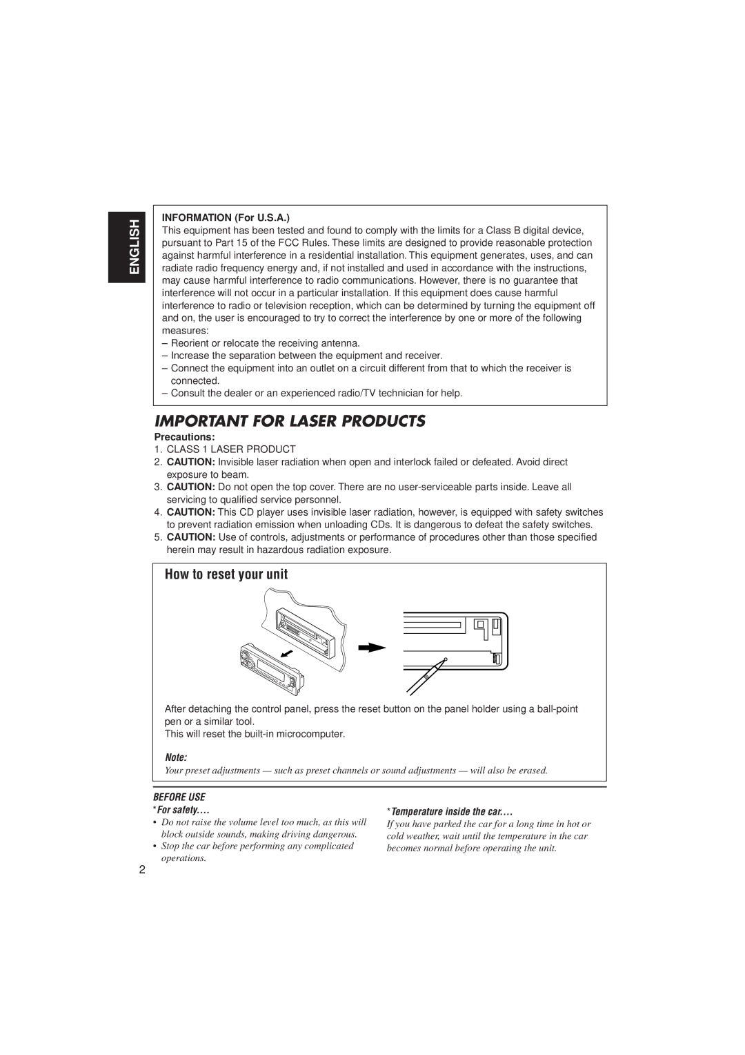 JVC GET0091-001A, KD-SX980 manual How to reset your unit, Information For U.S.A, Precautions 