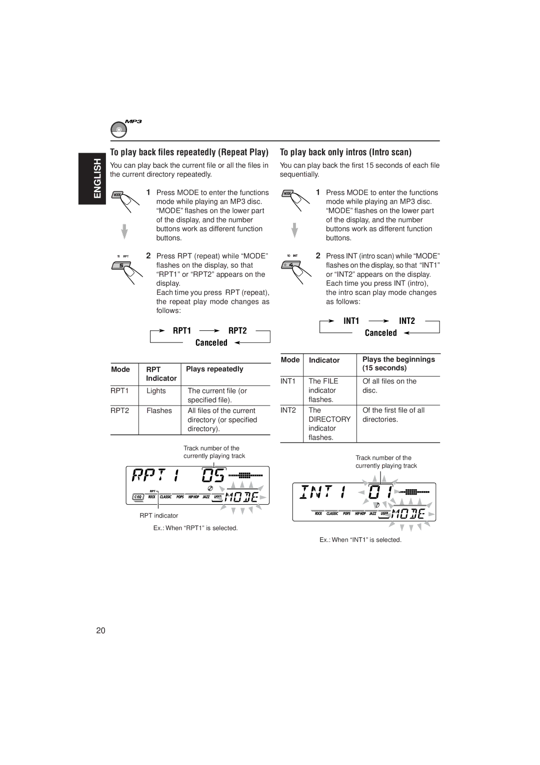 JVC GET0091-001A, KD-SX980 manual To play back files repeatedly Repeat Play, RPT1 RPT2, INT1 INT2 