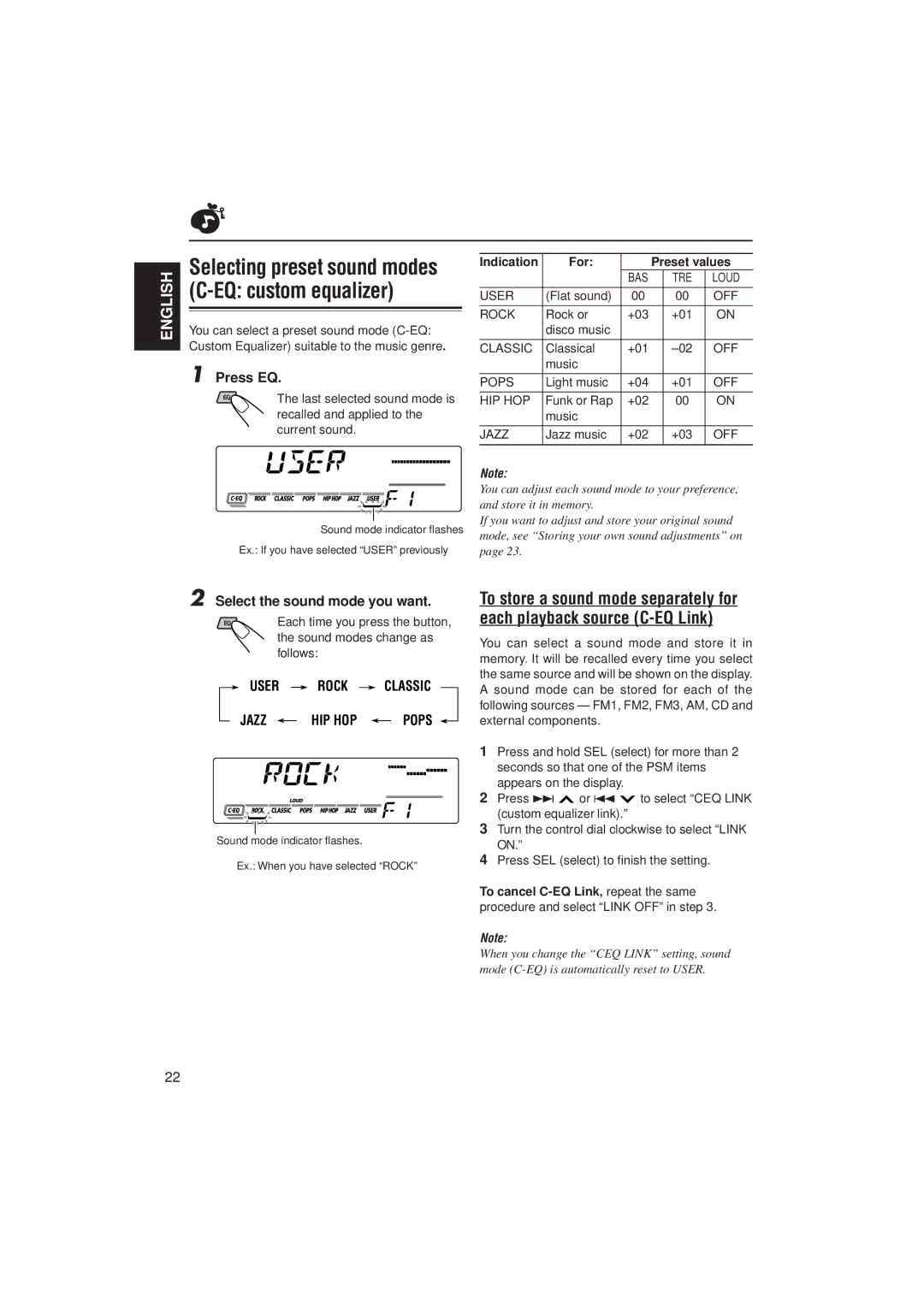 JVC GET0091-001A, KD-SX980 Selecting preset sound modes C-EQ custom equalizer, Press EQ, Select the sound mode you want 