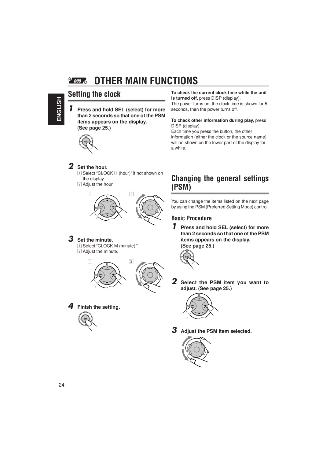 JVC GET0091-001A, KD-SX980 Other Main Functions, Setting the clock, Changing the general settings PSM, Basic Procedure 