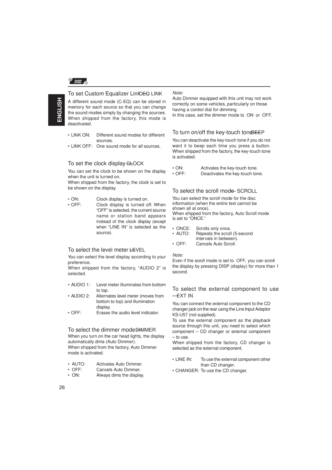 JVC GET0091-001A manual To set the clock display Clock, To select the level meter Level, To select the dimmer mode Dimmer 