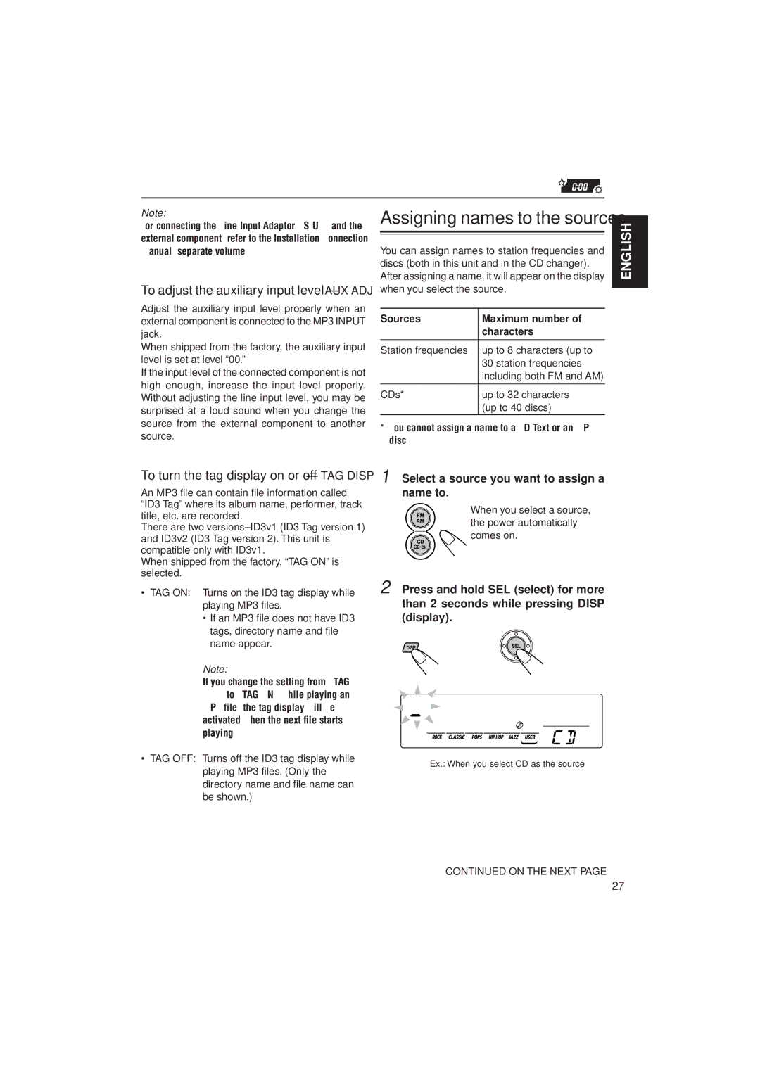 JVC KD-SX980, GET0091-001A manual Assigning names to the sources, To adjust the auxiliary input level AUX ADJ 