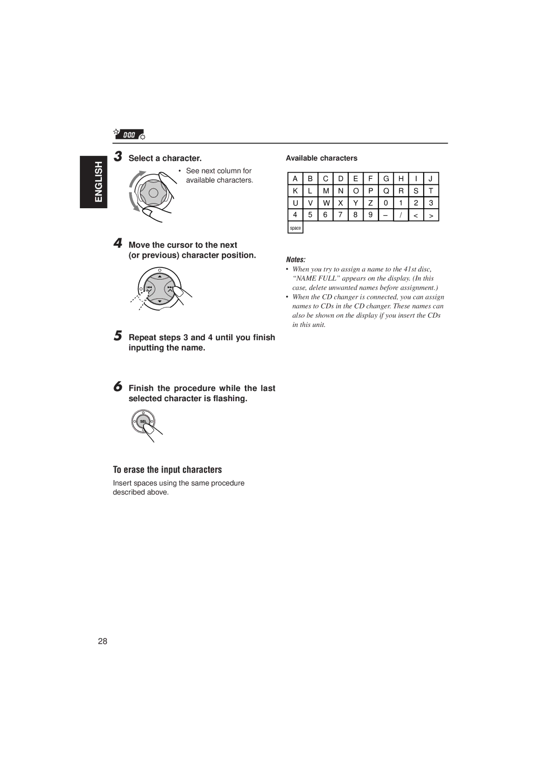 JVC GET0091-001A, KD-SX980 To erase the input characters, Select a character, See next column for available characters 