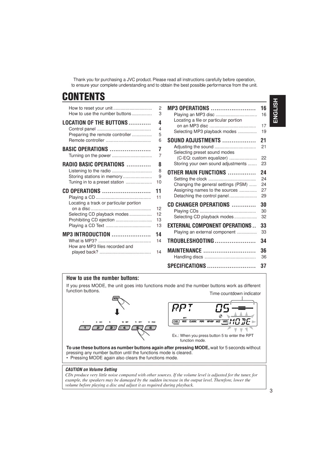 JVC KD-SX980, GET0091-001A manual Contents 