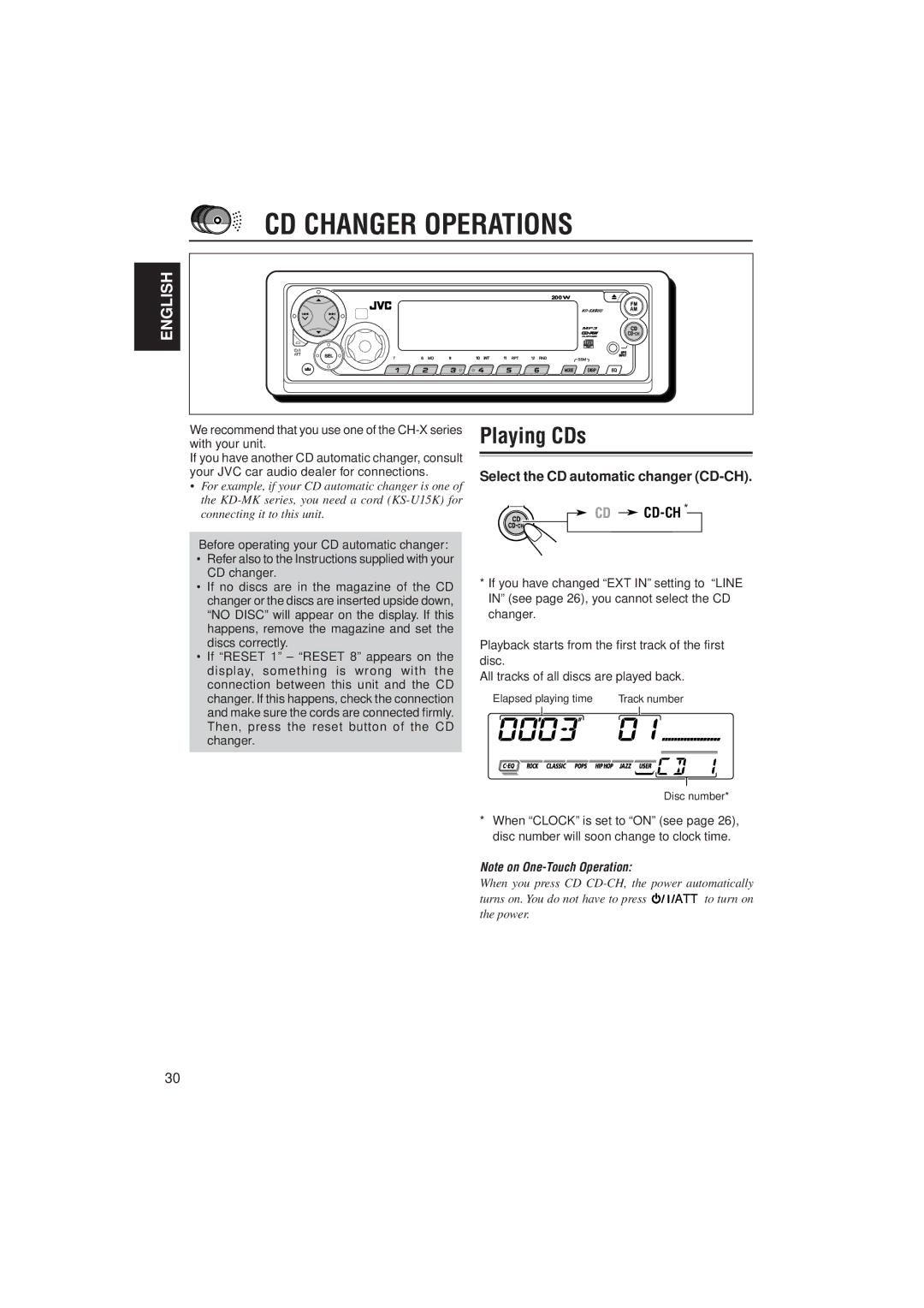 JVC GET0091-001A, KD-SX980 manual CD Changer Operations, Playing CDs, Select the CD automatic changer CD-CH CD CD-CH 