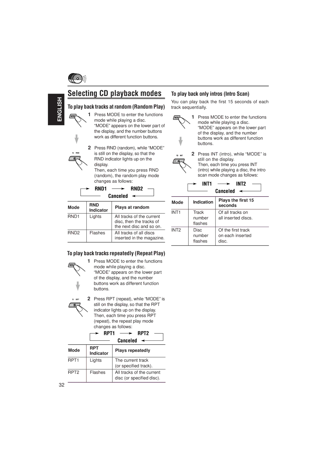 JVC GET0091-001A, KD-SX980 manual Selecting CD playback modes, To play back tracks at random Random Play 