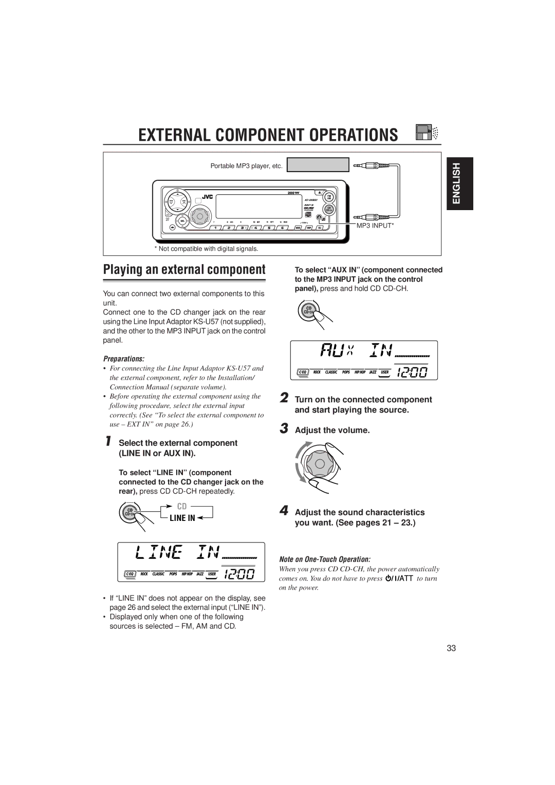 JVC KD-SX980 External Component Operations, Playing an external component, Select the external component Line in or AUX 