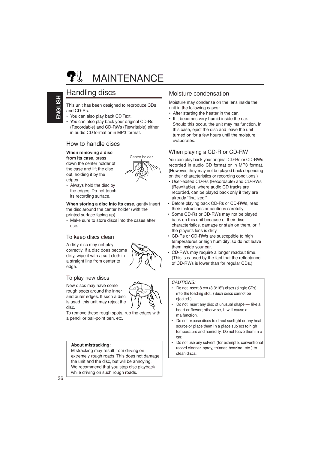 JVC GET0091-001A, KD-SX980 manual Maintenance, Handling discs, How to handle discs, Moisture condensation 