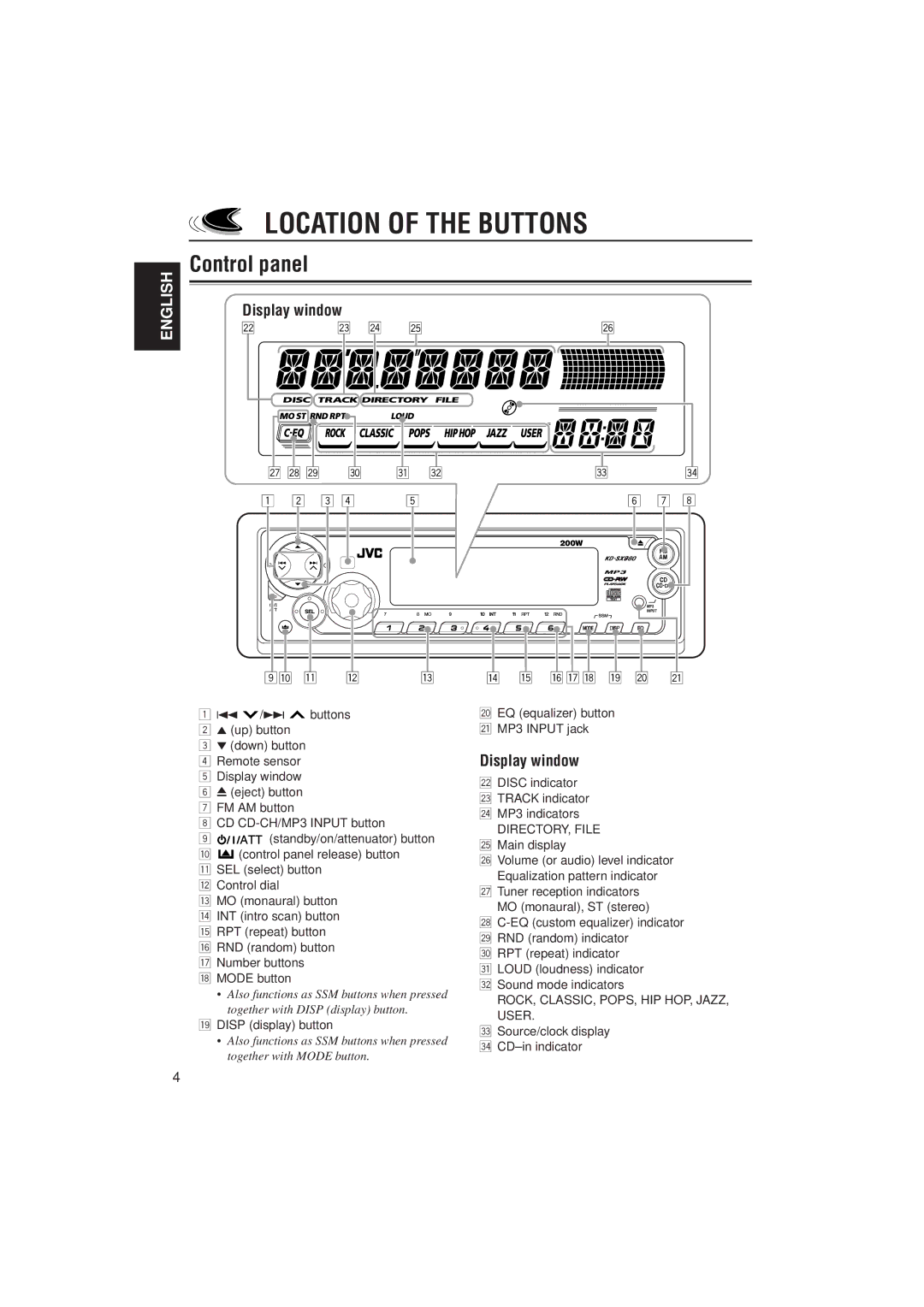 JVC GET0091-001A, KD-SX980 manual Location of the Buttons, Control panel, Display window 