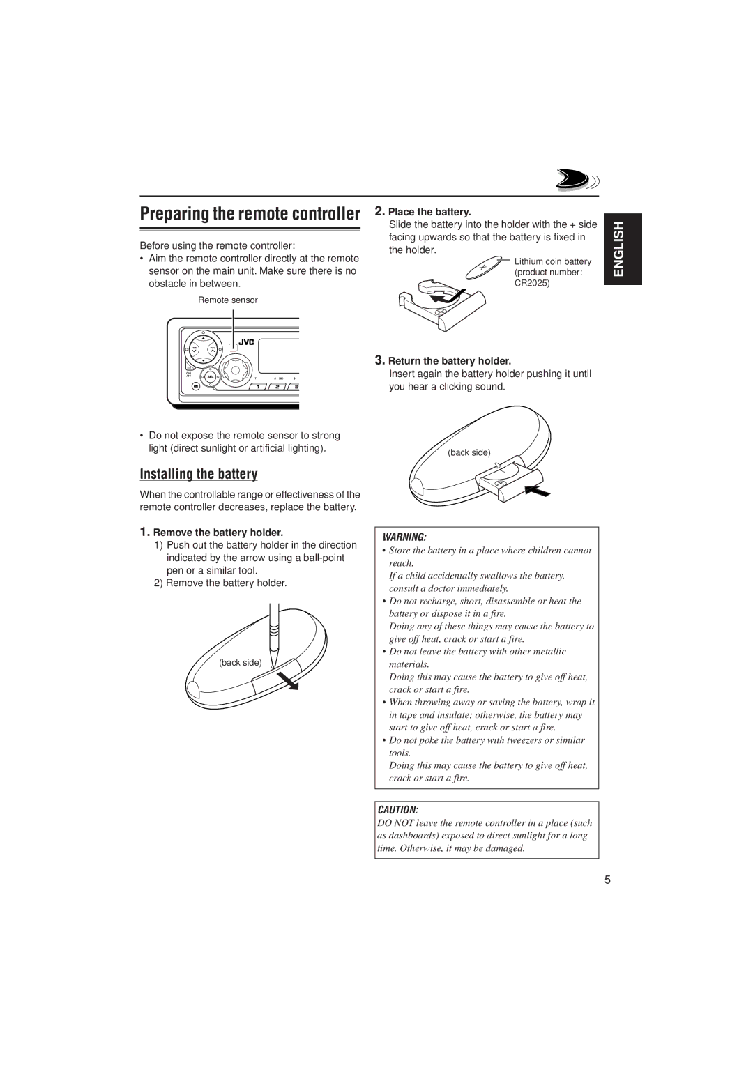 JVC KD-SX980, GET0091-001A Installing the battery, Place the battery, Return the battery holder, Remove the battery holder 