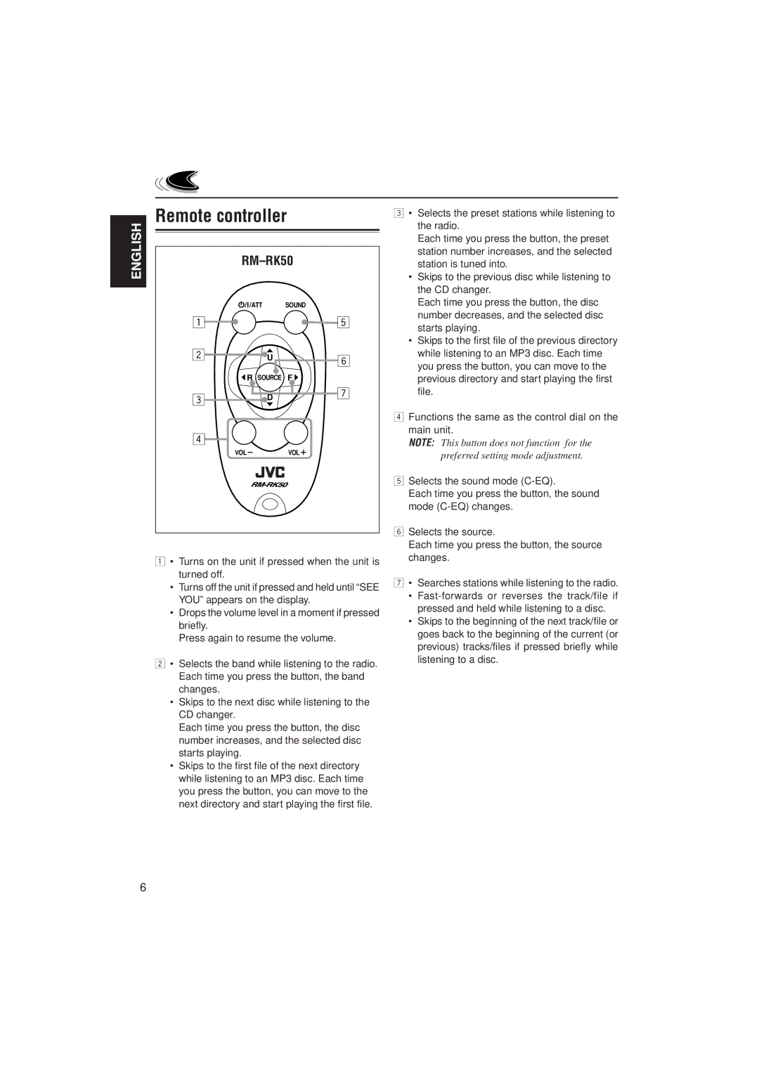 JVC GET0091-001A, KD-SX980 manual Remote controller, RM-RK50 