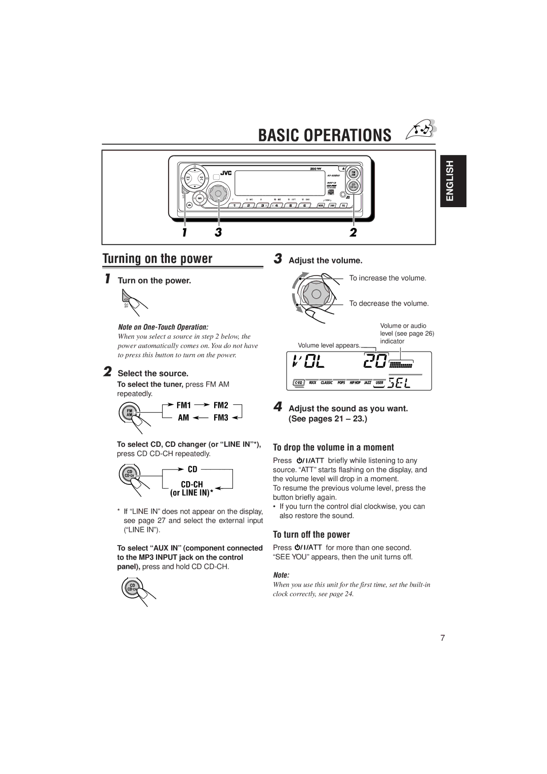 JVC KD-SX980 manual Basic Operations, Turning on the power, To drop the volume in a moment, To turn off the power, Cd-Ch 