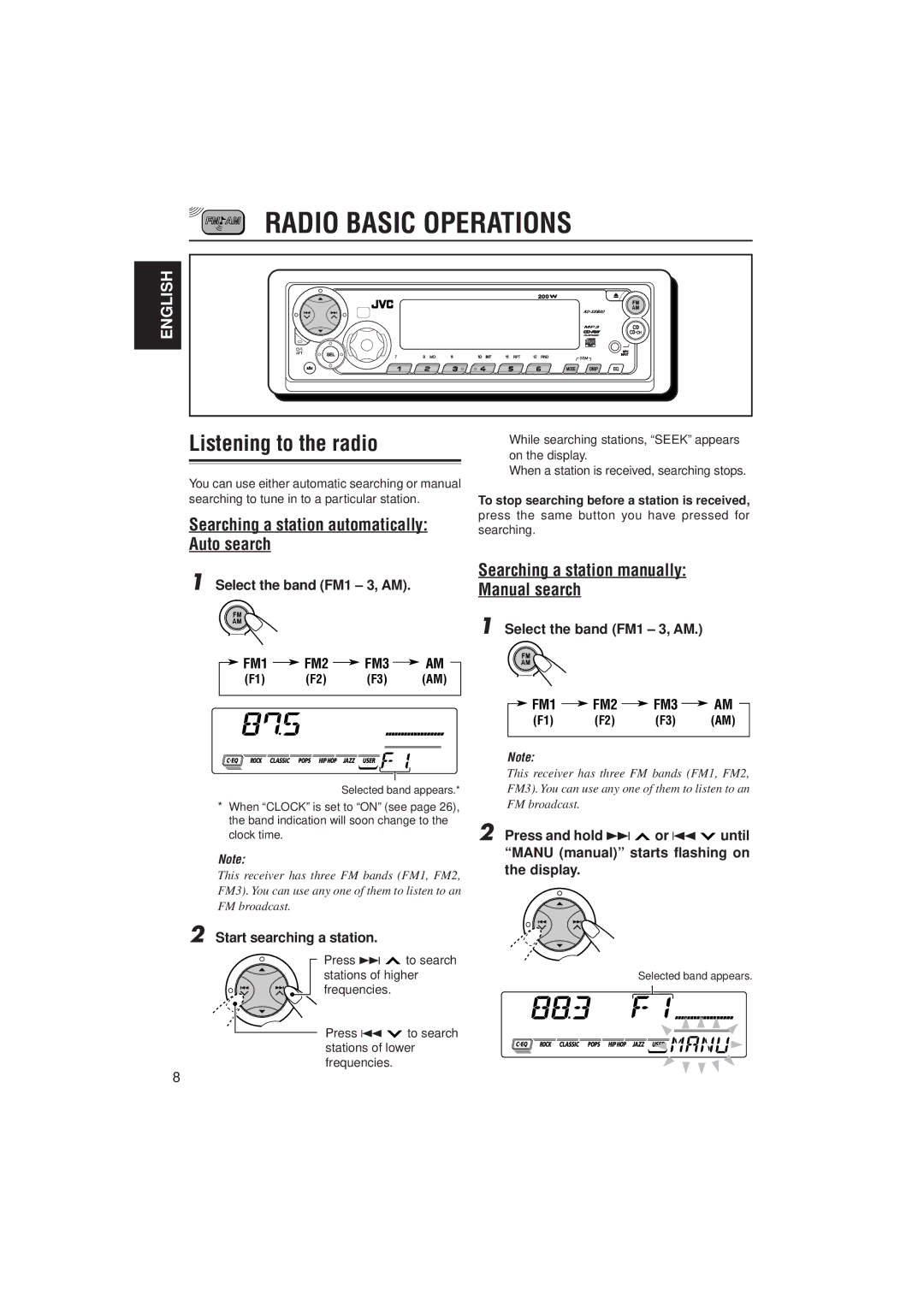 JVC GET0091-001A, KD-SX980 Radio Basic Operations, Listening to the radio, Searching a station automatically Auto search 