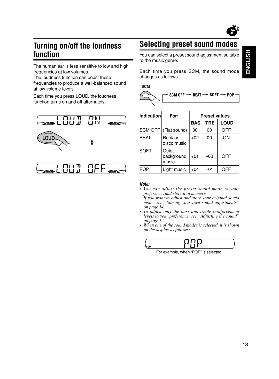 JVC CH-X100, GET0113-001A, KS-FX621, CH-X series, CDA-5755 Turning on/off the loudness function, Indication For Preset values 