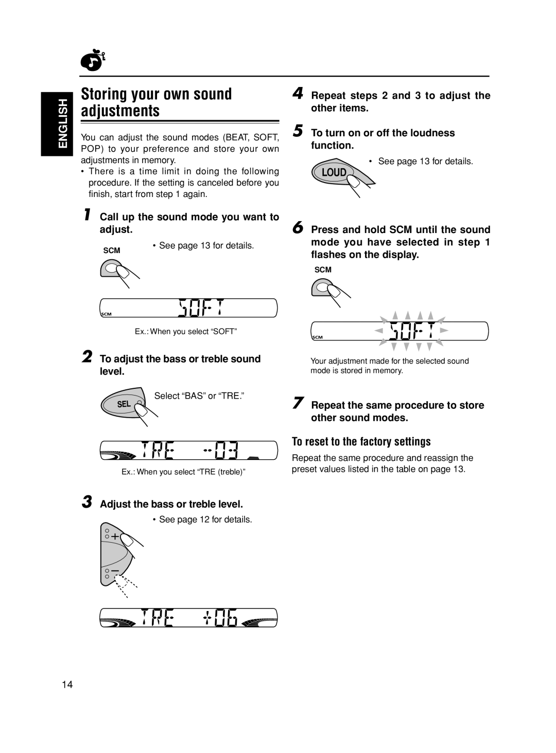 JVC CDA-5755, GET0113-001A, KS-FX621, CH-X series manual Storing your own sound adjustments, To reset to the factory settings 