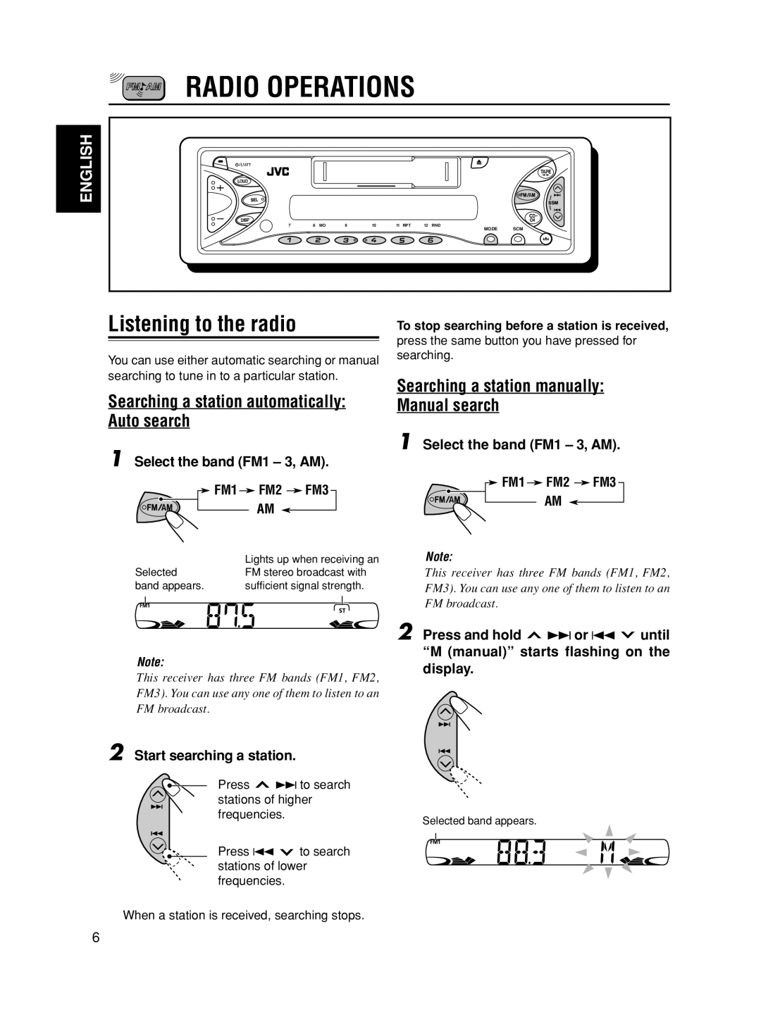 JVC KS-FX621, GET0113-001A, CH-X100 Radio Operations, Listening to the radio, Searching a station automatically Auto search 