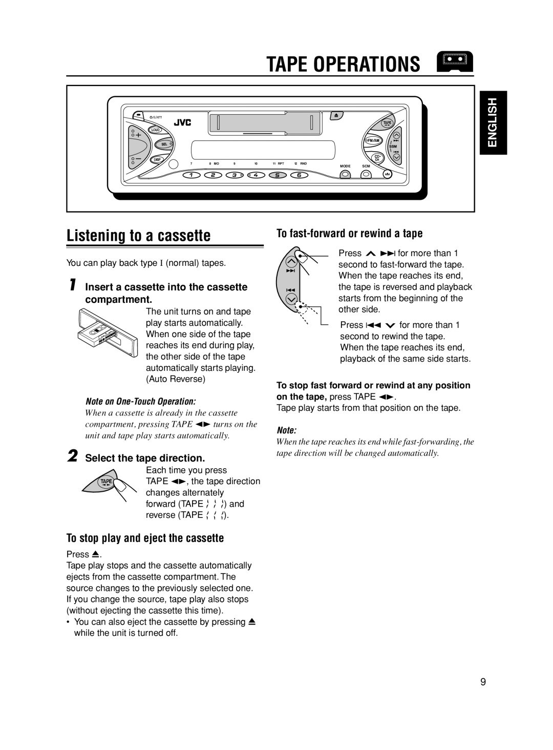 JVC CDA-5755, GET0113-001A, KS-FX621, CH-X series Tape Operations, Listening to a cassette, To fast-forward or rewind a tape 