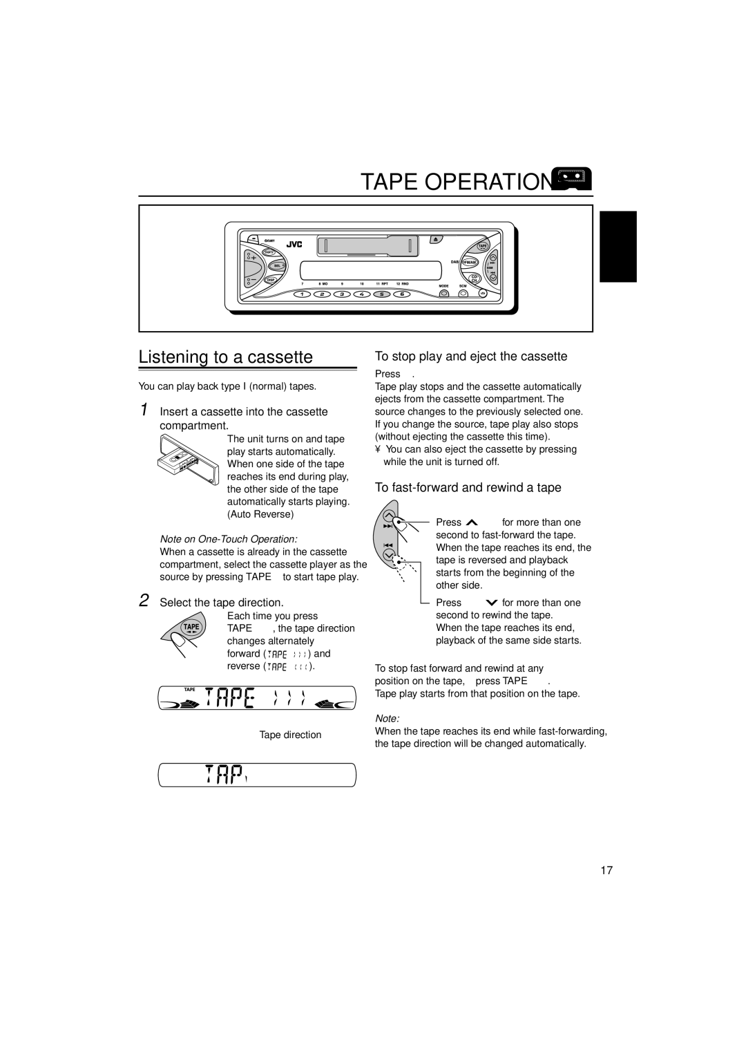 JVC GET0114-001A manual Tape Operations, Listening to a cassette, To stop play and eject the cassette 