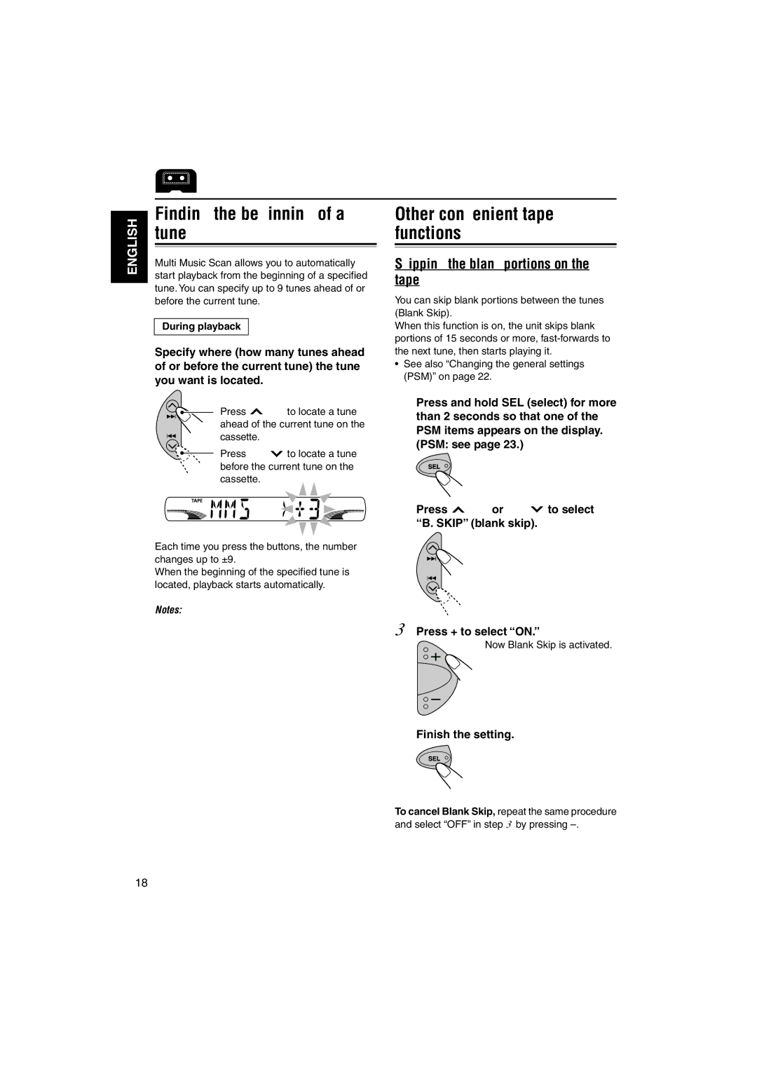 JVC GET0114-001A Finding the beginning of a tune, Other convenient tape functions, Skipping the blank portions on the tape 