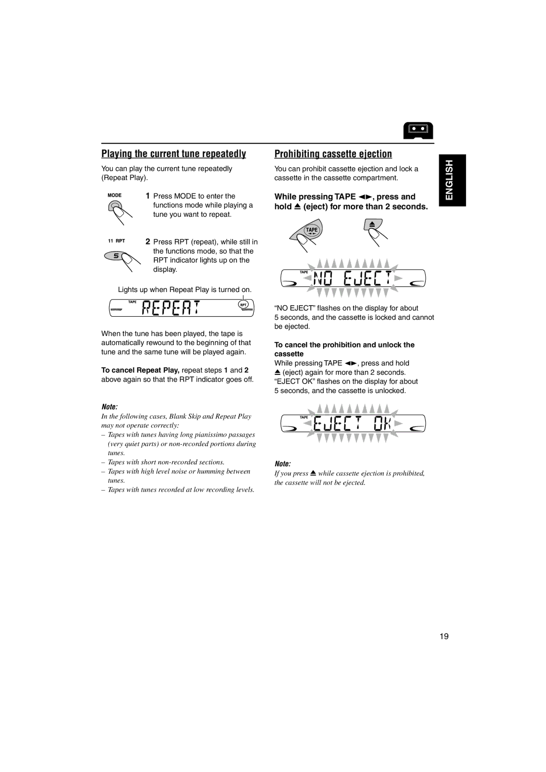 JVC GET0114-001A manual Playing the current tune repeatedly, Prohibiting cassette ejection, While pressing Tape 23, press 