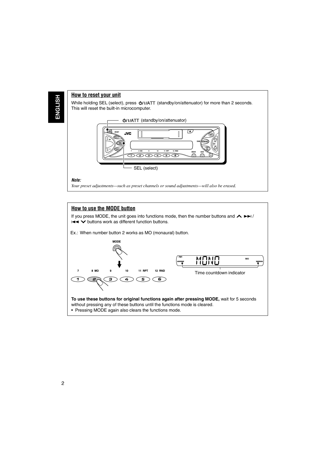 JVC GET0114-001A manual How to reset your unit, How to use the Mode button 