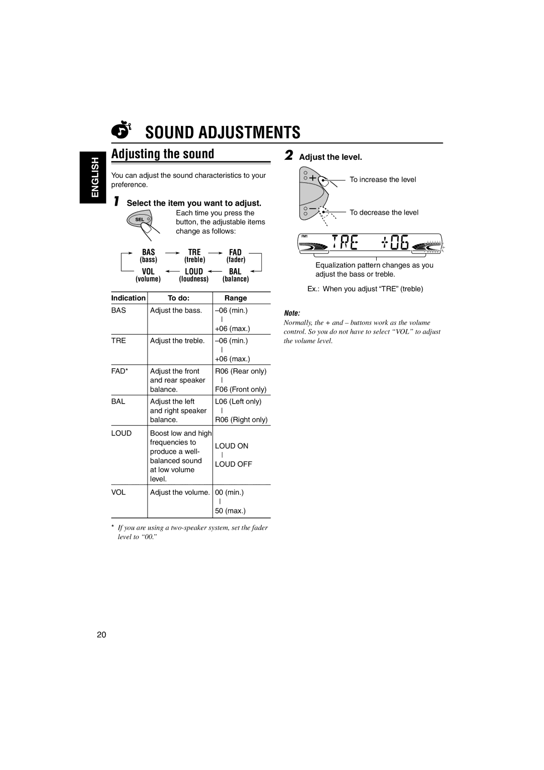 JVC GET0114-001A manual Sound Adjustments, Adjusting the sound, Adjust the level, Select the item you want to adjust 