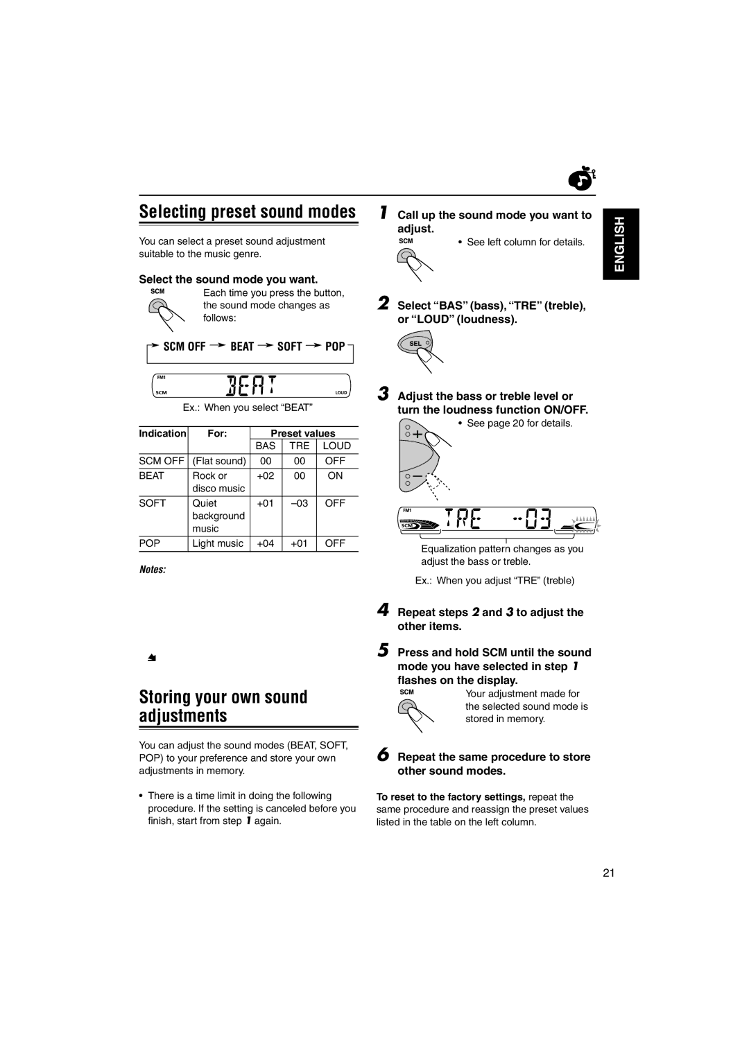 JVC GET0114-001A manual Storing your own sound adjustments, Select the sound mode you want, SCM OFF Beat Soft POP 