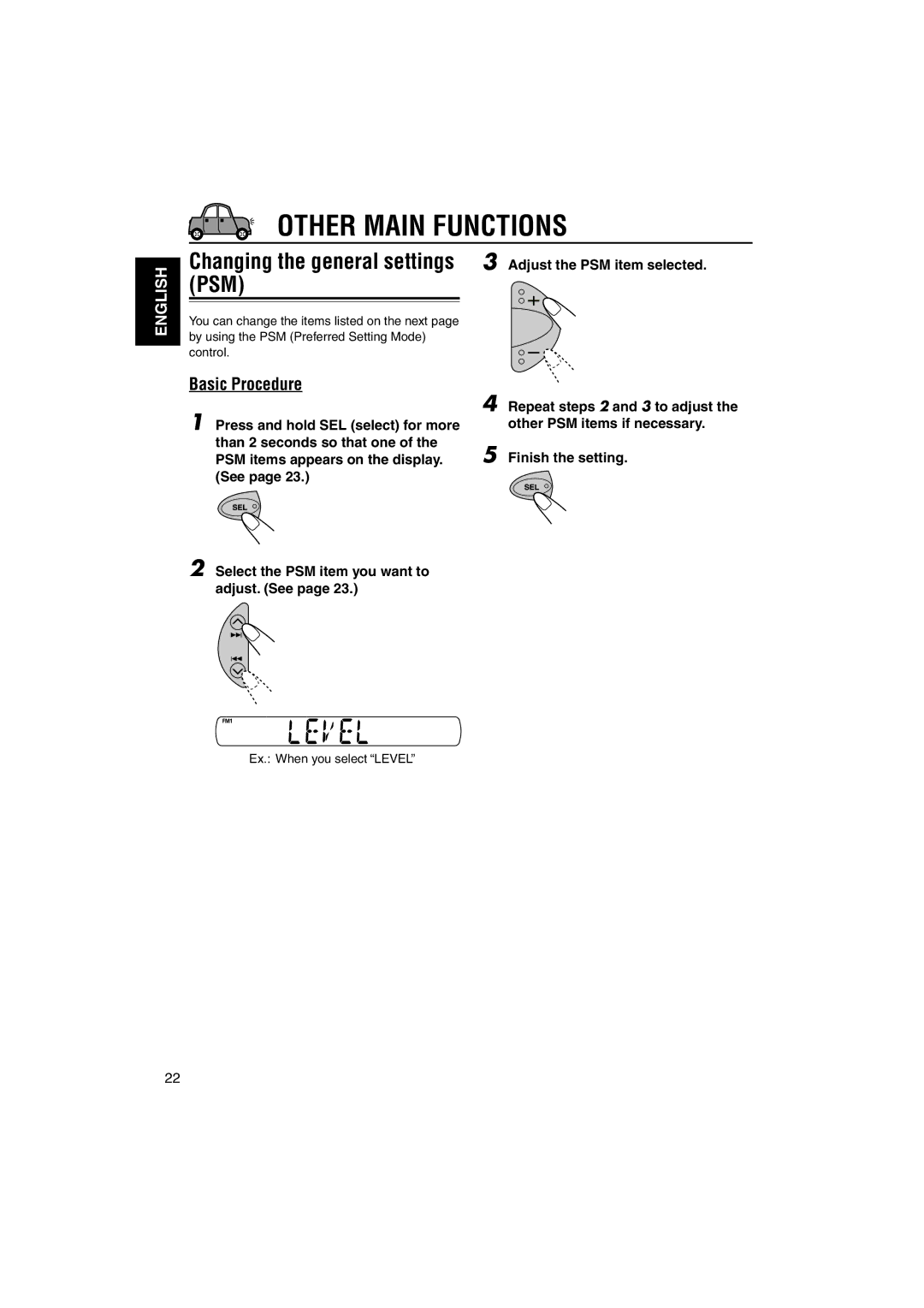 JVC GET0114-001A manual Other Main Functions, Changing the general settings PSM, Basic Procedure, Ex. When you select Level 