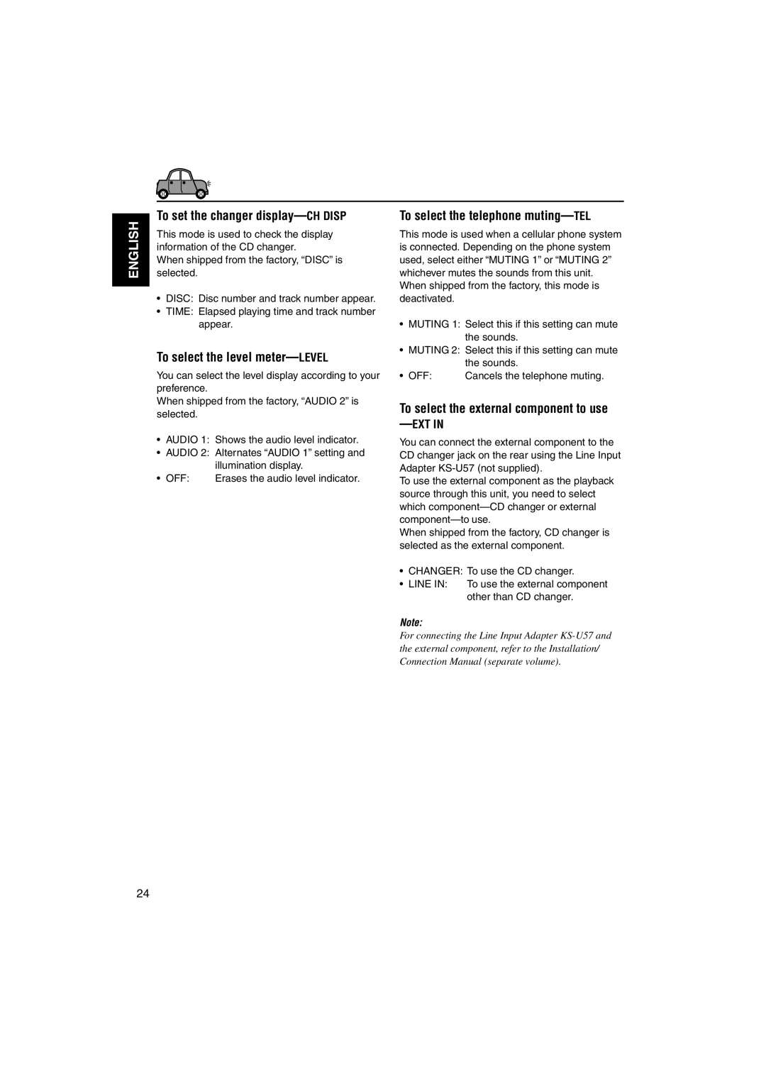 JVC GET0114-001A To set the changer display-CH Disp, To select the level meter-LEVEL, To select the telephone muting-TEL 