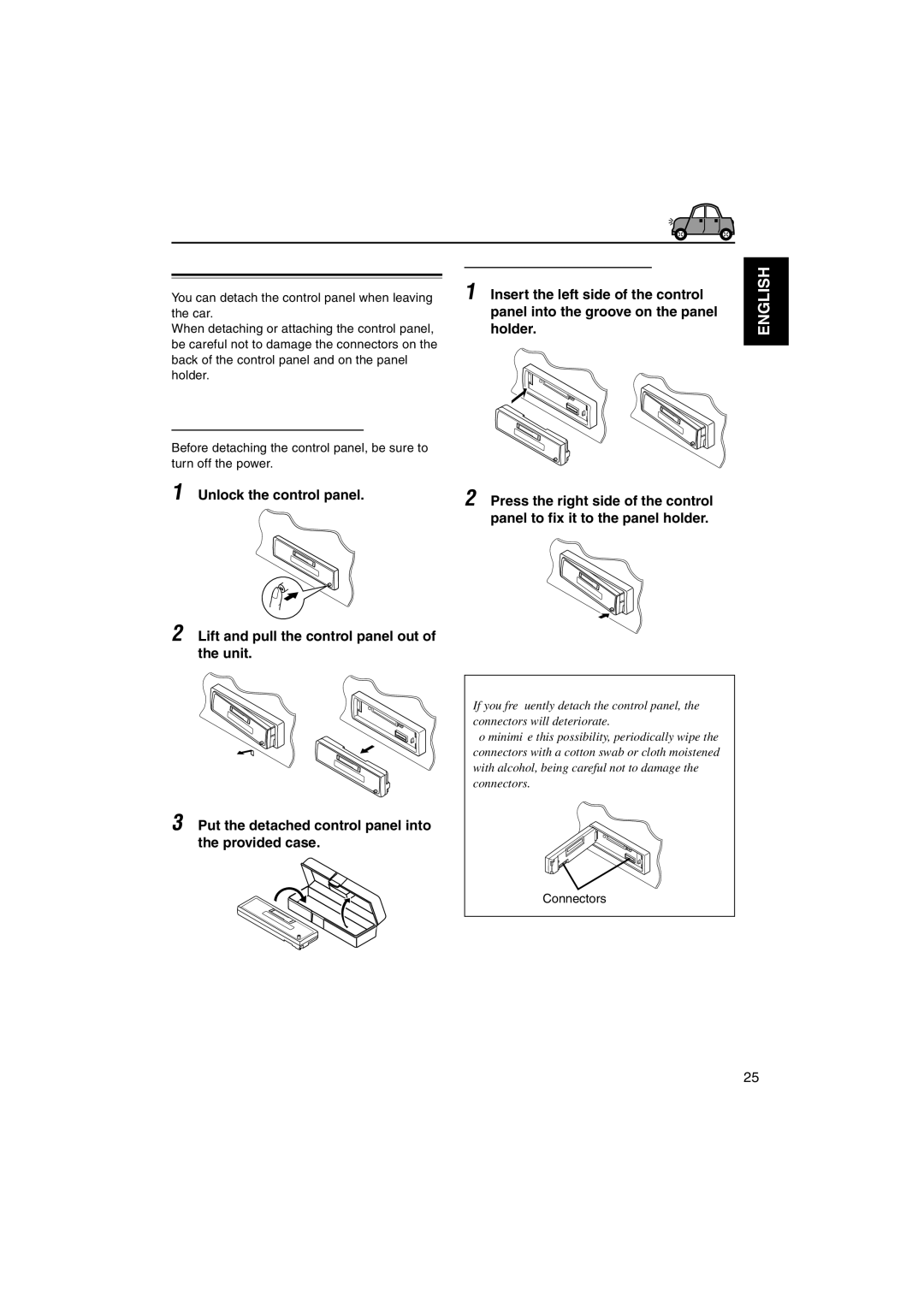 JVC GET0114-001A manual Detaching the control panel, Attaching the control panel, Connectors 