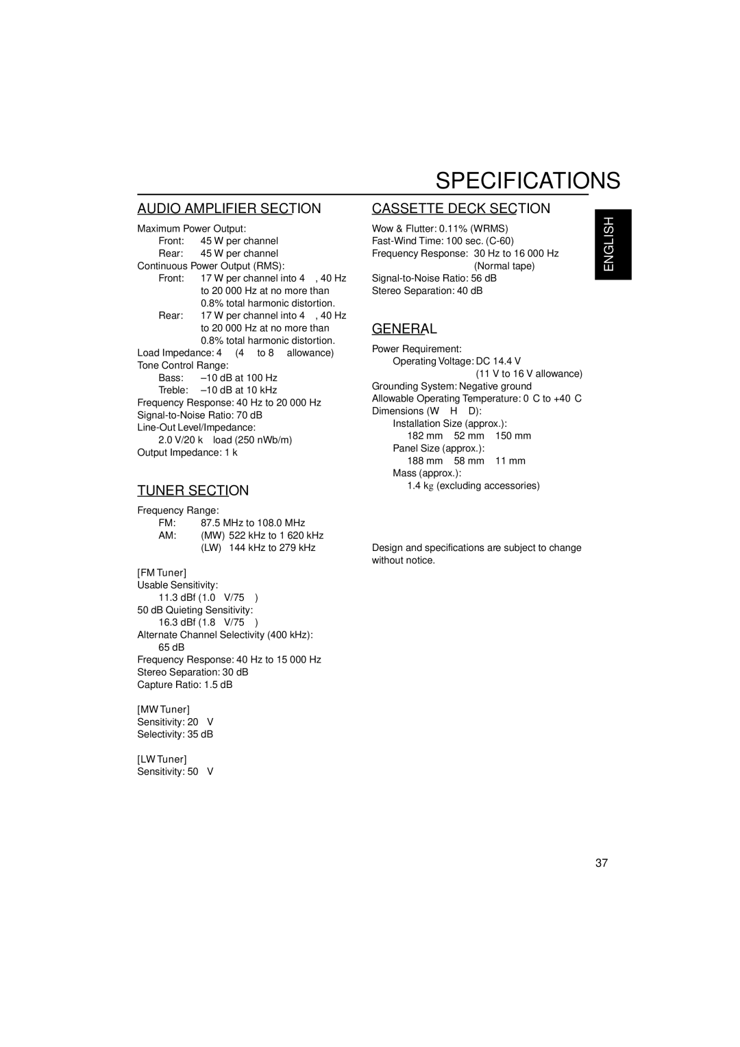 JVC GET0114-001A manual Specifications, FM Tuner, MW Tuner, LW Tuner 