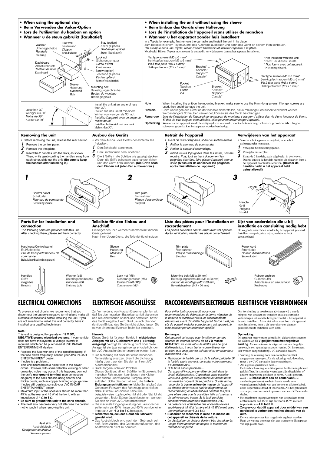 JVC GET0114-001A manual Hinweis, Be sure to ground this unit to the car’s chassis, Remarque, Opmerking 