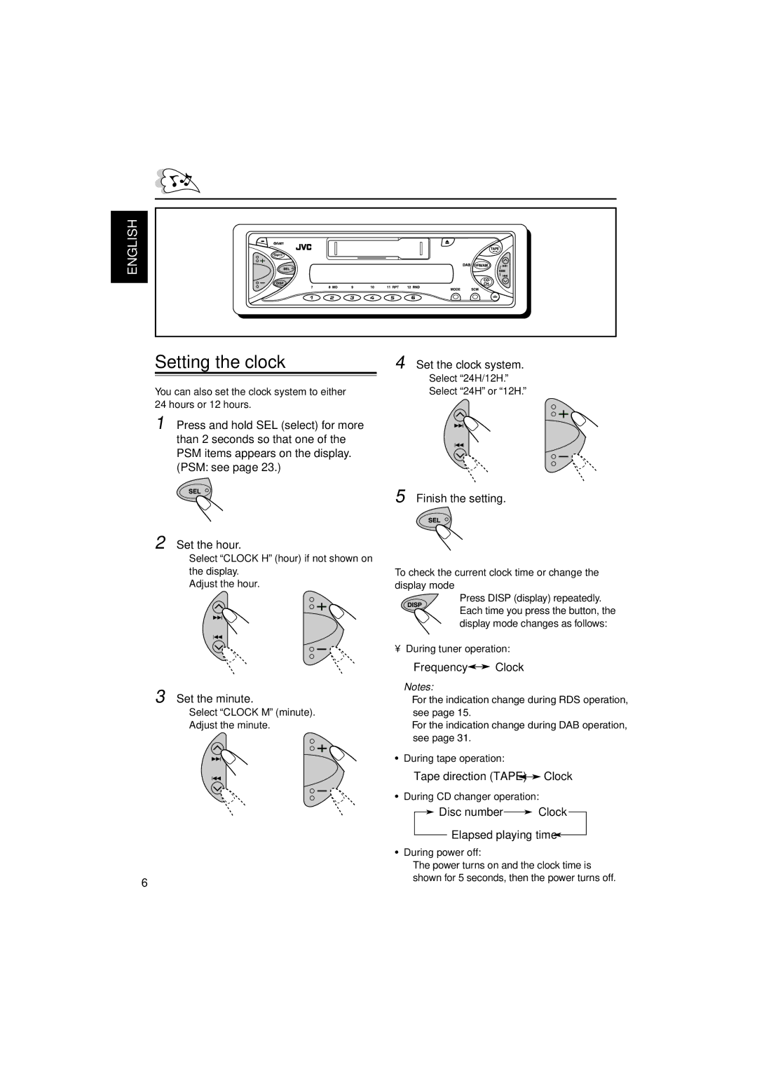 JVC GET0114-001A manual Setting the clock 